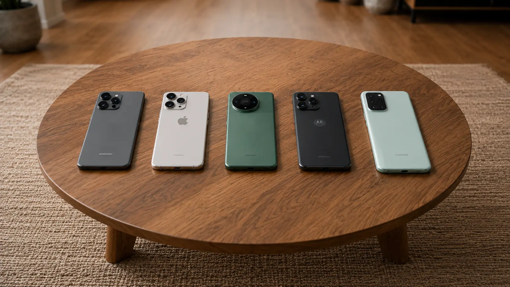 Fila de cinco teléfonos inteligentes de diferentes marcas y colores sobre una mesa redonda de madera